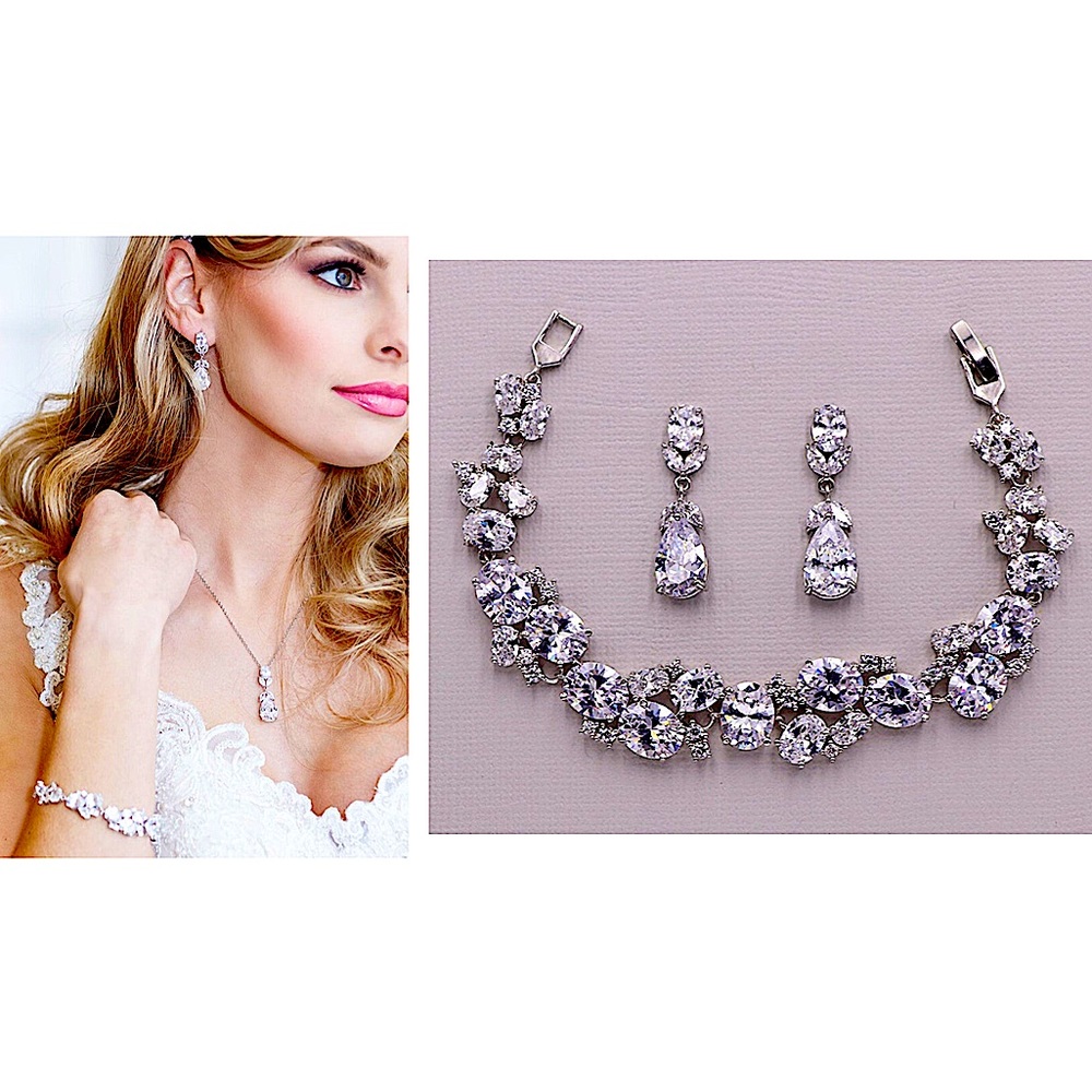 Teardrop Oval Cubic Zirconia CZ Bracelet Set SLVR
